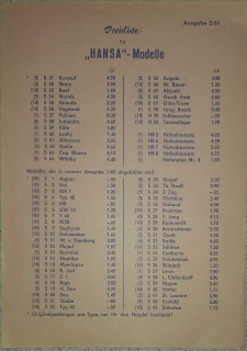 Preisliste 1961